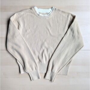 Lululemon Waist Length Cropped Ribbed Crew Neck Sweater Sz 6 S Camel Beige White